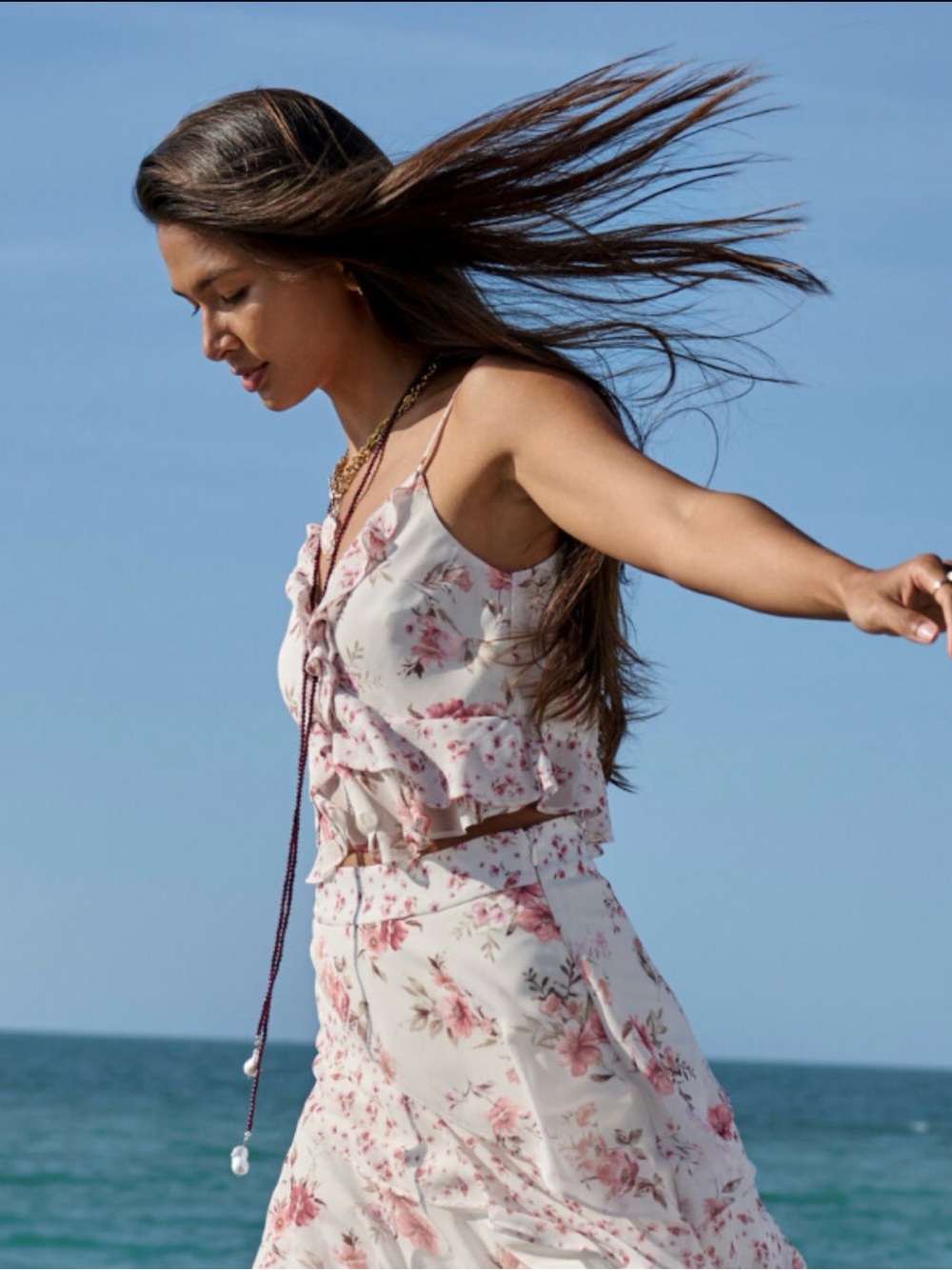 Altar'd State Floral Pink and Cream Ruffled Camisole